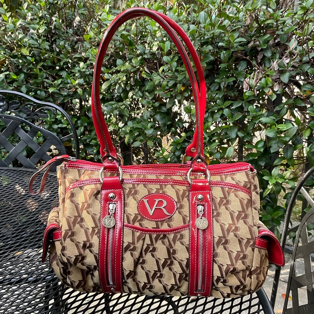 Gorgeous Red & Tan Silver Hardware & Zippers Double Handle Victoria Roberts Bag!
